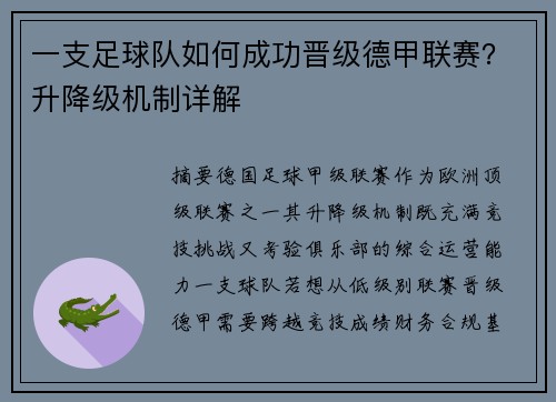 一支足球队如何成功晋级德甲联赛？升降级机制详解
