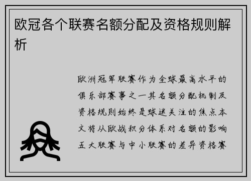 欧冠各个联赛名额分配及资格规则解析